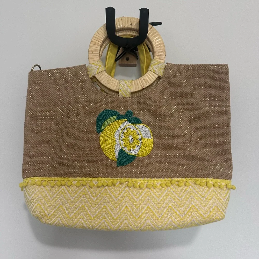 Woven Beaded Lemon Accent Tote Bag in Yellow and Tan Metallic
